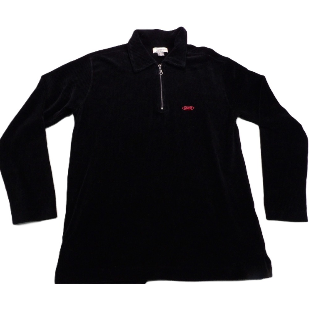 VTG Guess American Tradition Velour Pullover Men XL Black Quarter Zip 90s Korean
